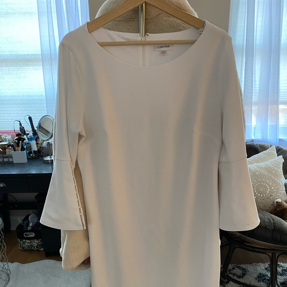 Calvin Klein Bell Sleeved White Sheath Dress